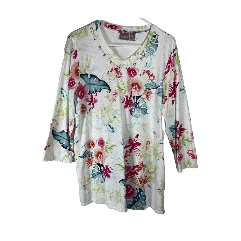 Chicos sz 2 large Hibiscus Hawaiian Print Art Top Cotton